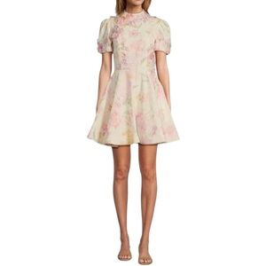 Antonio Melani Iris Linen 3D Floral Print Mockneck Short Sleeve Dress Ivory NWT